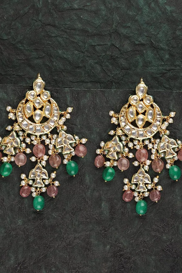 Pale Pink & Green Kundan Chandbali Earrings