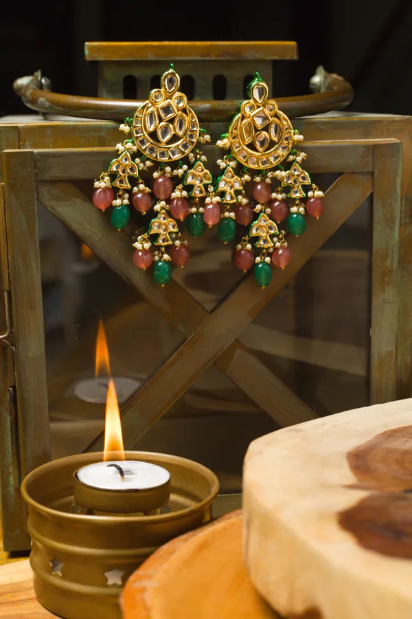 Pale Pink & Green Kundan Chandbali Earrings