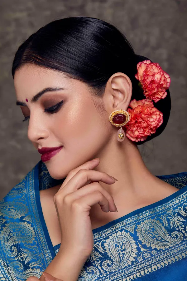 Carved Ruby & Rose Quartz Drop Earrings