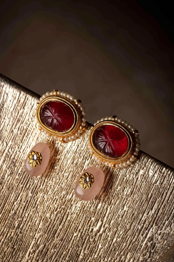 Carved Ruby & Rose Quartz Drop Earrings