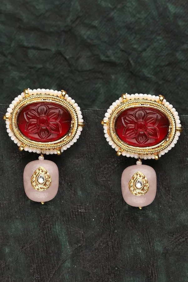 Carved Ruby & Rose Quartz Drop Earrings
