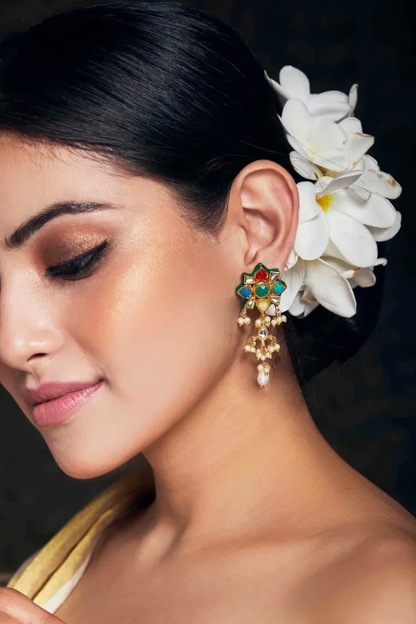 Panchratna Floral Motif with Pearls Earrings