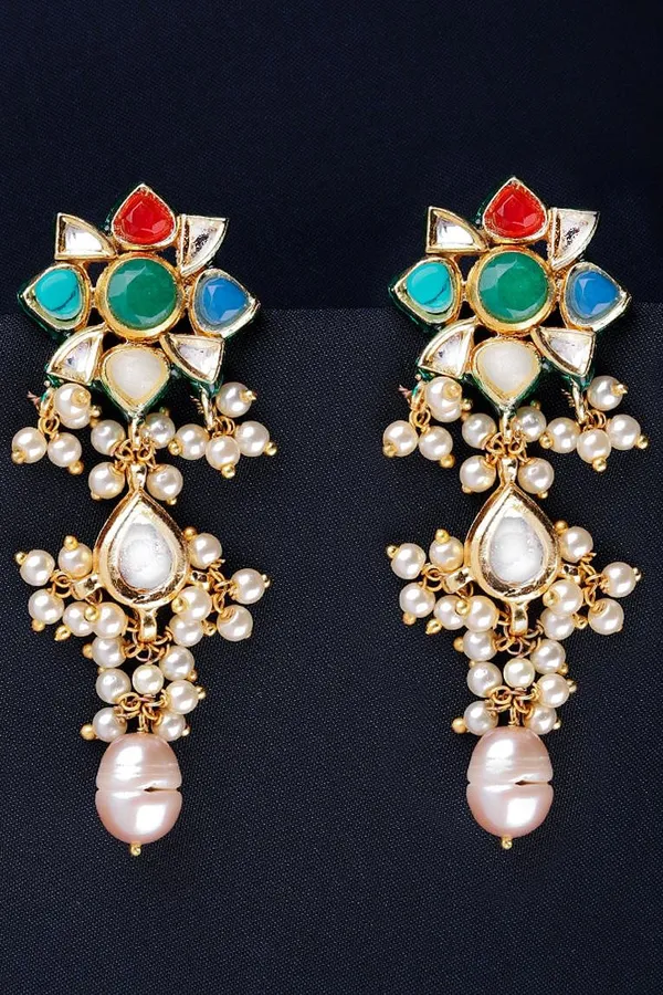 Panchratna Floral Motif with Pearls Earrings