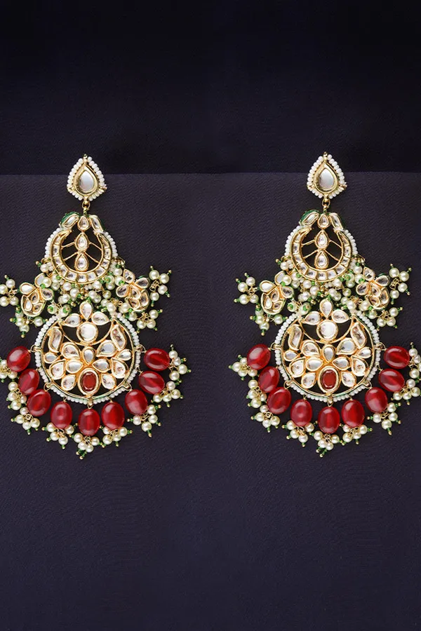White & Red Pearls Chandbali Earrings