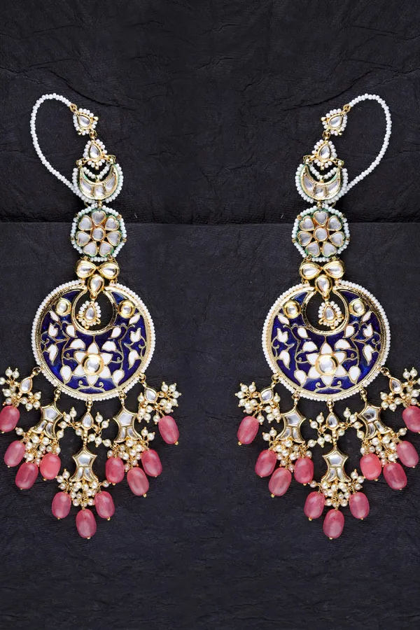 Shades Of Blue Chandbalis With Pink Drops Earrings