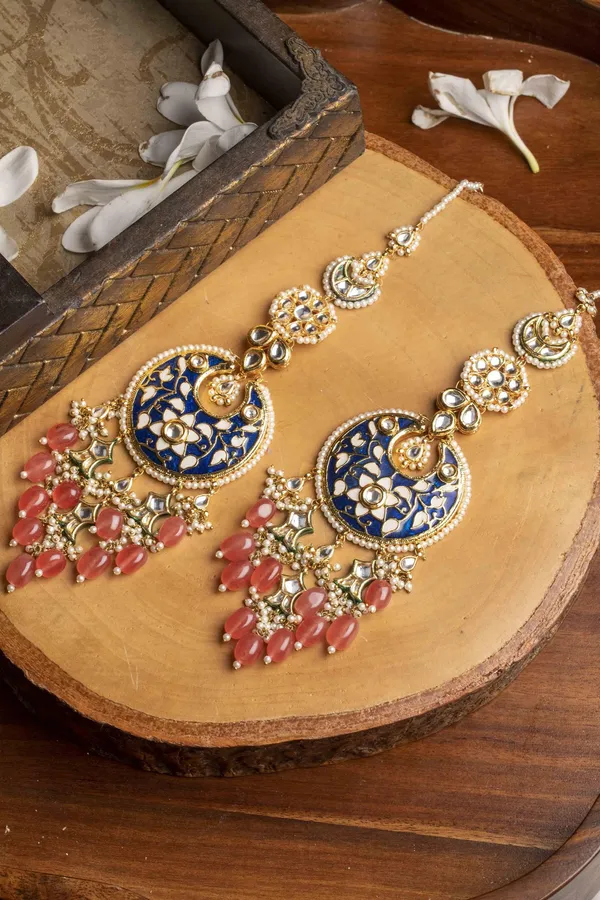 Shades Of Blue Chandbalis With Pink Drops Earrings