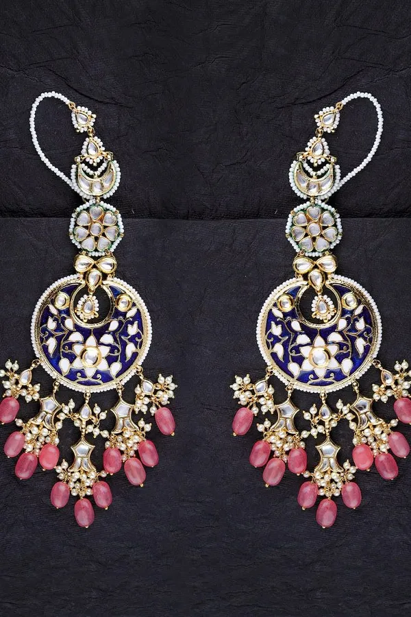 Shades Of Blue Chandbalis With Pink Drops Earrings
