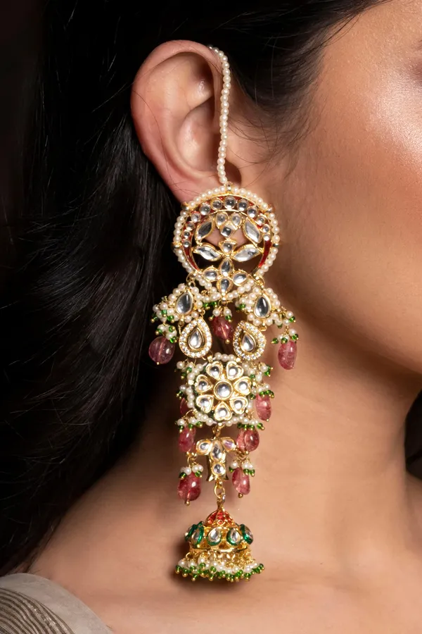 Laal Mehal Pink Tourmaline Kundan Earrings