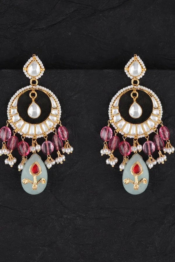 Pink Tourmaline & Pearl Detail Kundan Chandbali Earrings
