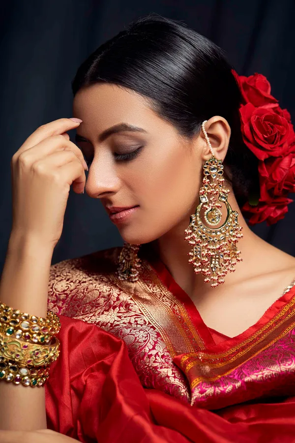 Ethnic Fin Red Hints Kundan Chandbali Earrings
