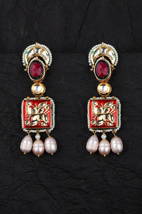 Red Meenakari with Pearl Cocoon Drop Kundan Earrings