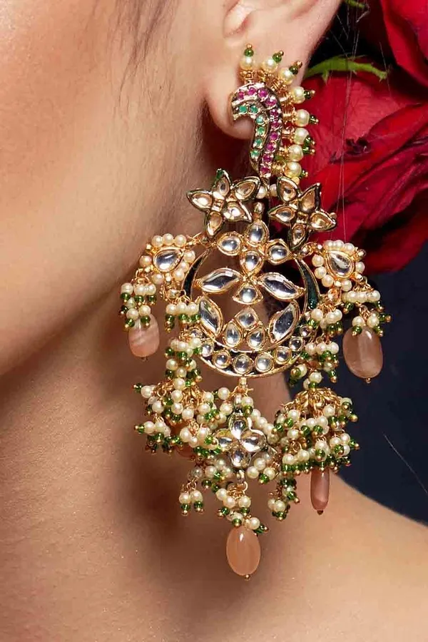 Green & Red Sea Horse Pink Moonstone Kundan Earrings