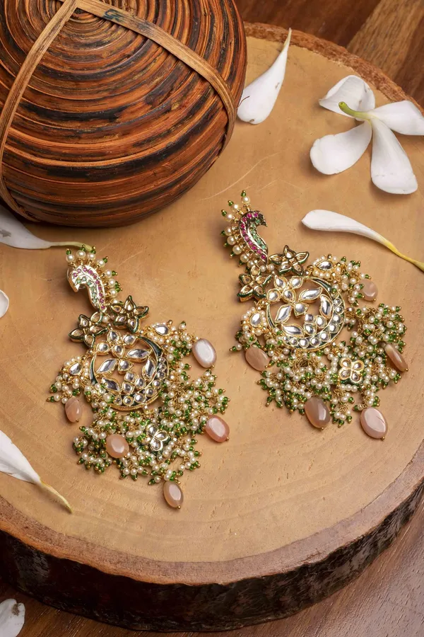 Green & Red Sea Horse Pink Moonstone Kundan Earrings