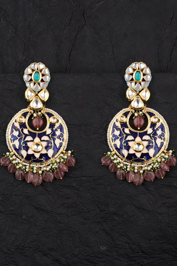 Turquoise Kundan Tukri with Pink Stones Chandbali Earrings