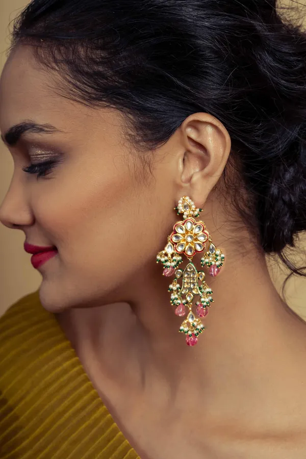 Pink Tourmaline Fish & Kundan Earrings