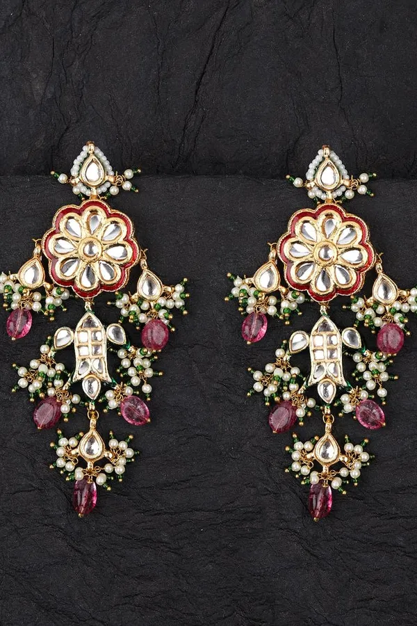 Pink Tourmaline Fish & Kundan Earrings