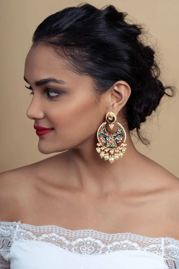 Multi Coloured Meenakari with Pearl Dangler Earrings