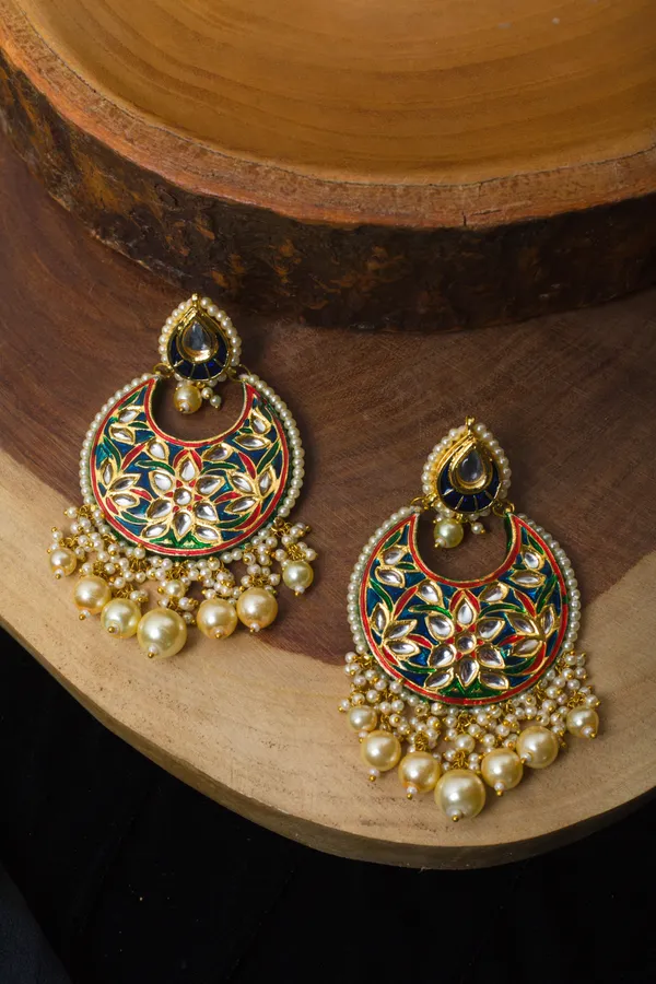 Multi Coloured Meenakari with Pearl Dangler Earrings