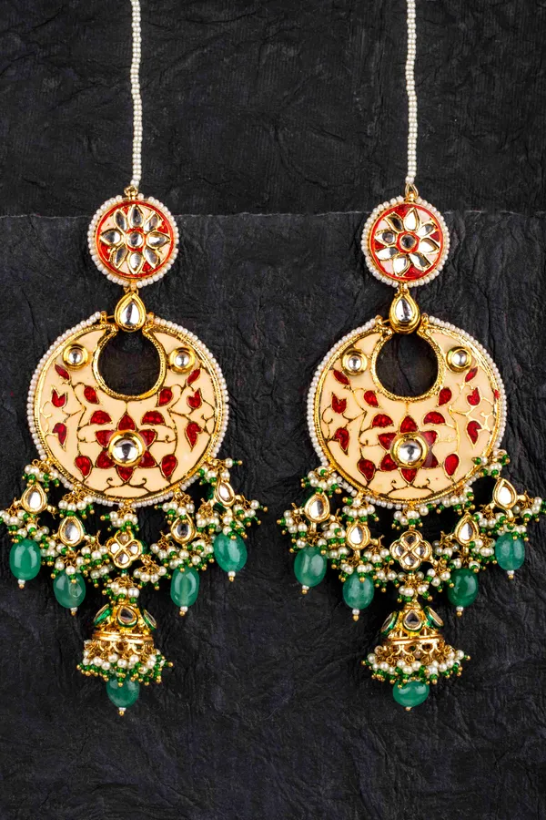 Red & Pink Meenakari Jhumki With Emeralds Drops Earrings