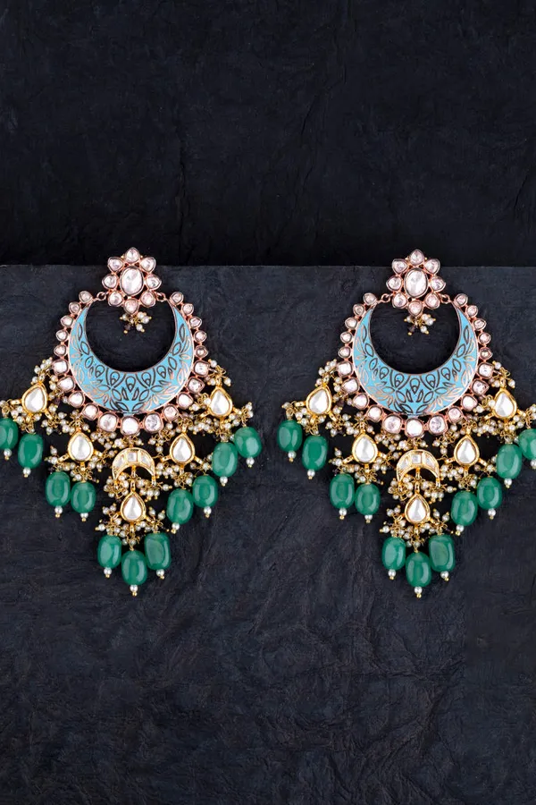Blue Meenakari Chandbali With Emeralds Drops