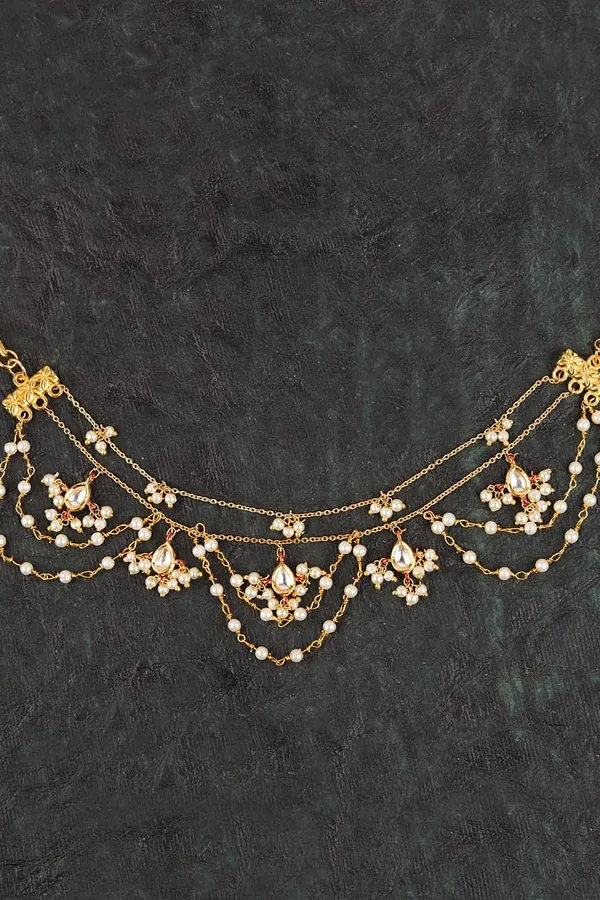 White Kundan & Pearls Gold Chain Ear Saharas