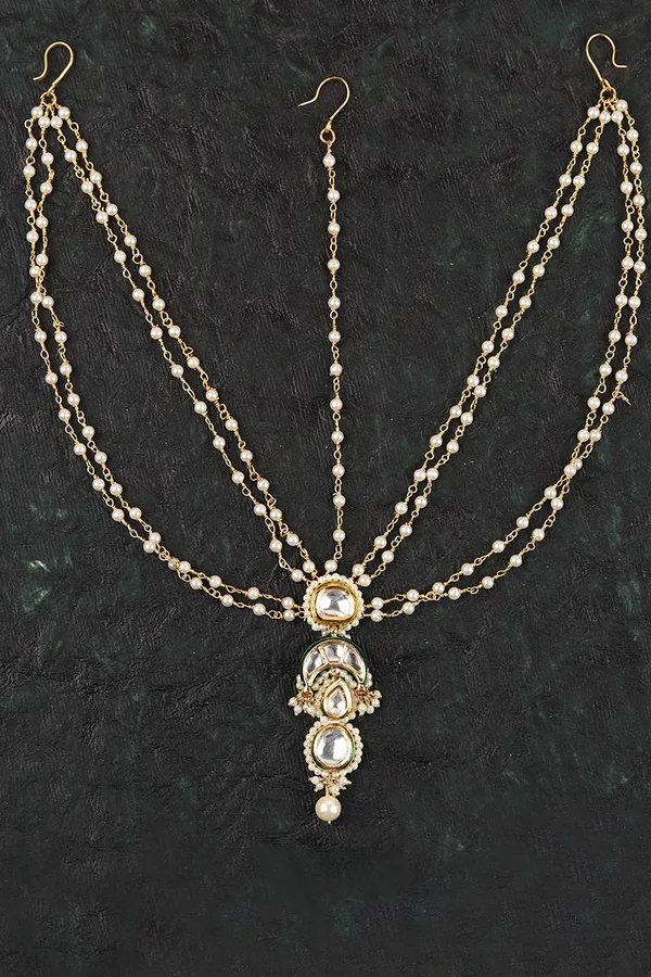 White Crescent Moon Multi Pearl String Kundan Matha Patti