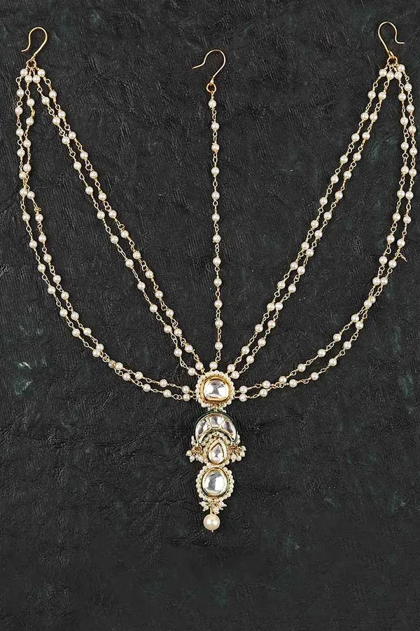 White Crescent Moon Multi Pearl String Kundan Matha Patti