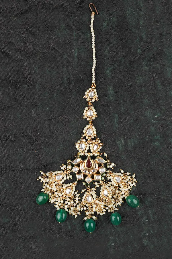 White & Green Kundan Maang Tikka