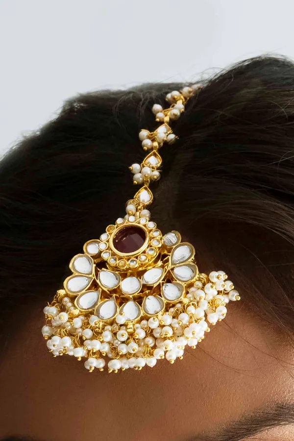 Red Kundan Maang Tikka with Pearls