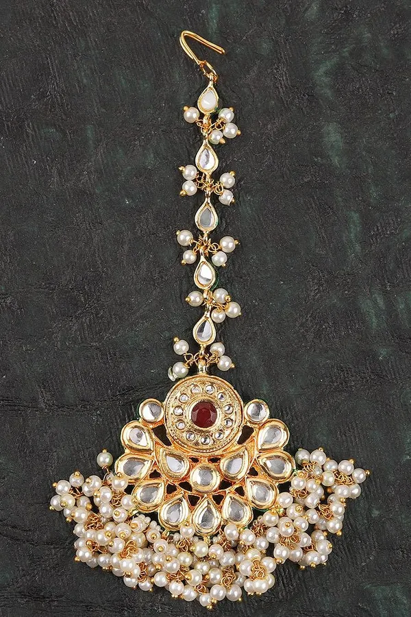 Red Kundan Maang Tikka with Pearls