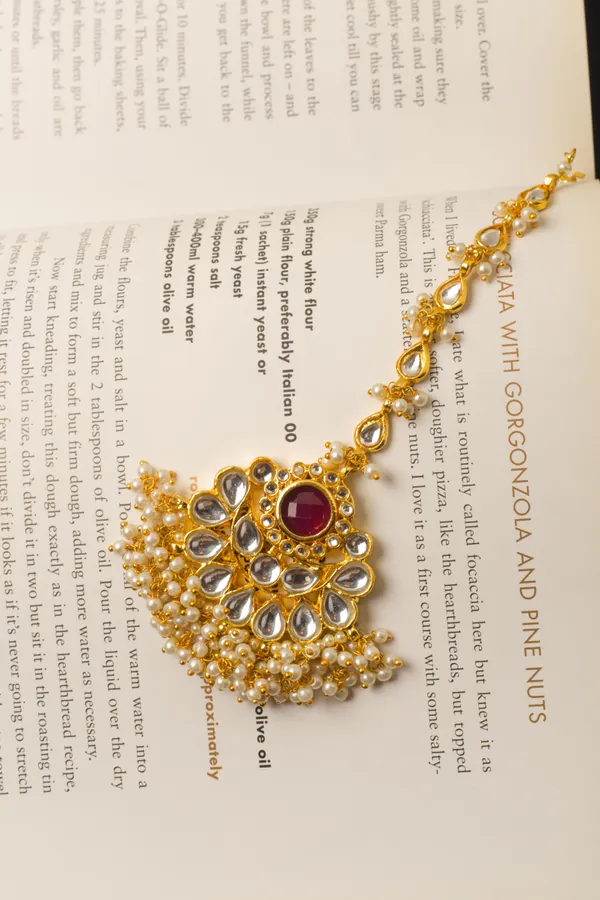Red Kundan Maang Tikka with Pearls