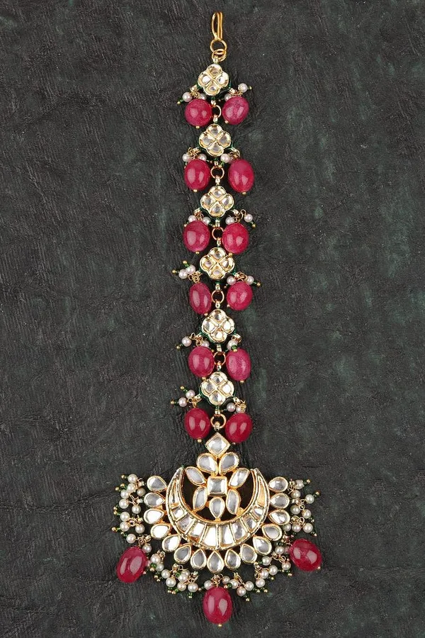 Red Stones with Pearls Crescent Motif Kundan Maang Tikka