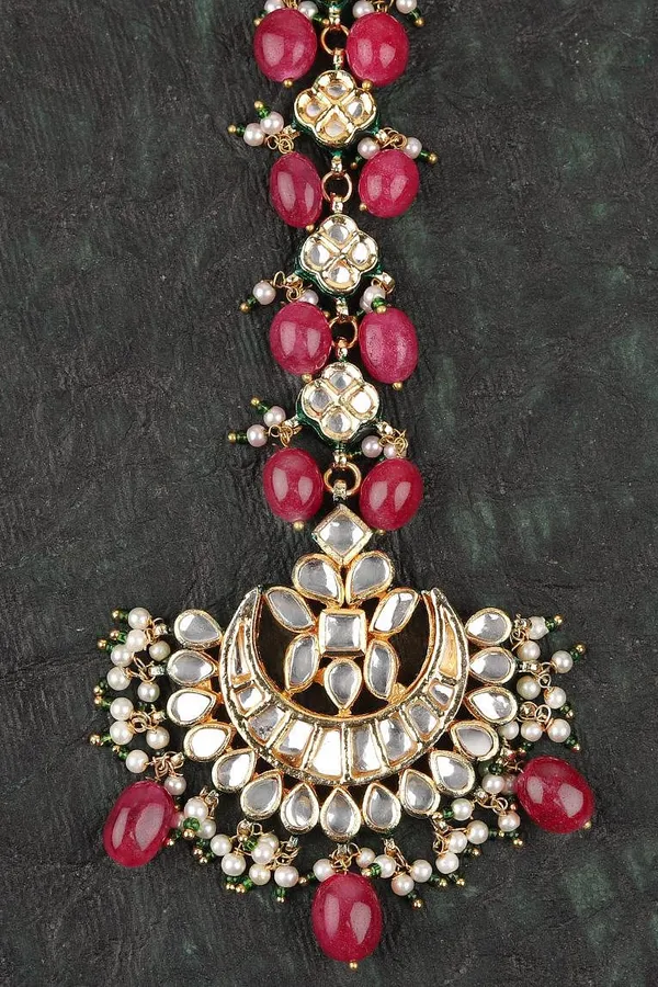 Red Stones with Pearls Crescent Motif Kundan Maang Tikka