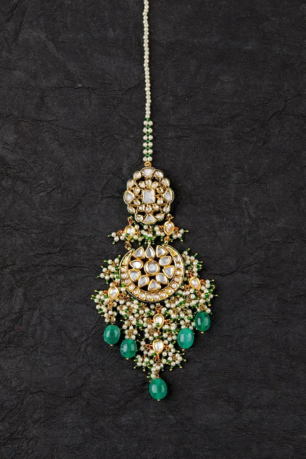 Green Pearl Pirohi Kundan Maang Tikka