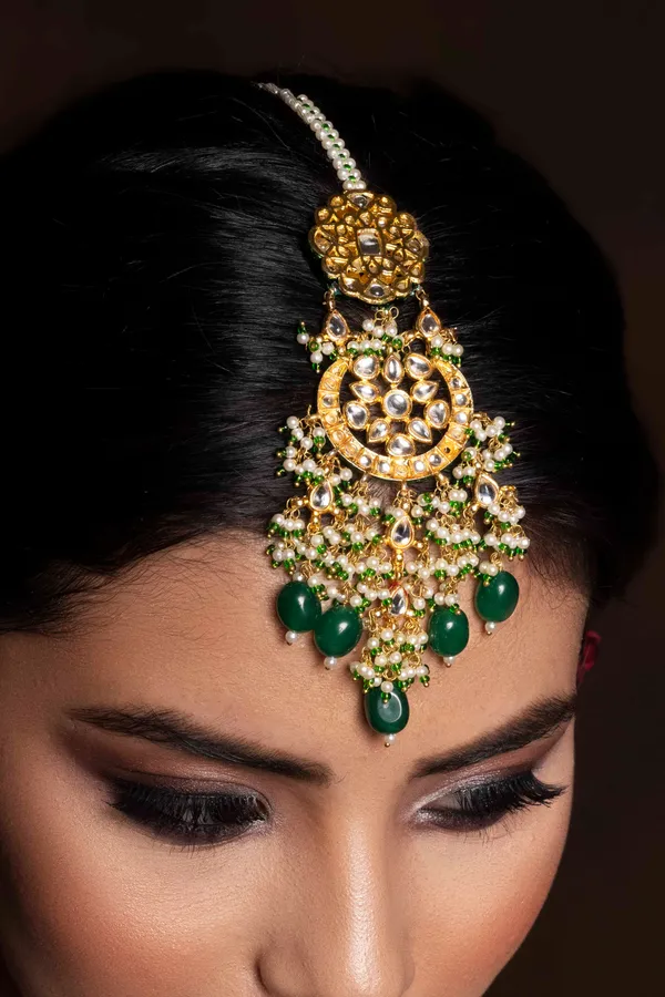 Green Pearl Pirohi Kundan Maang Tikka
