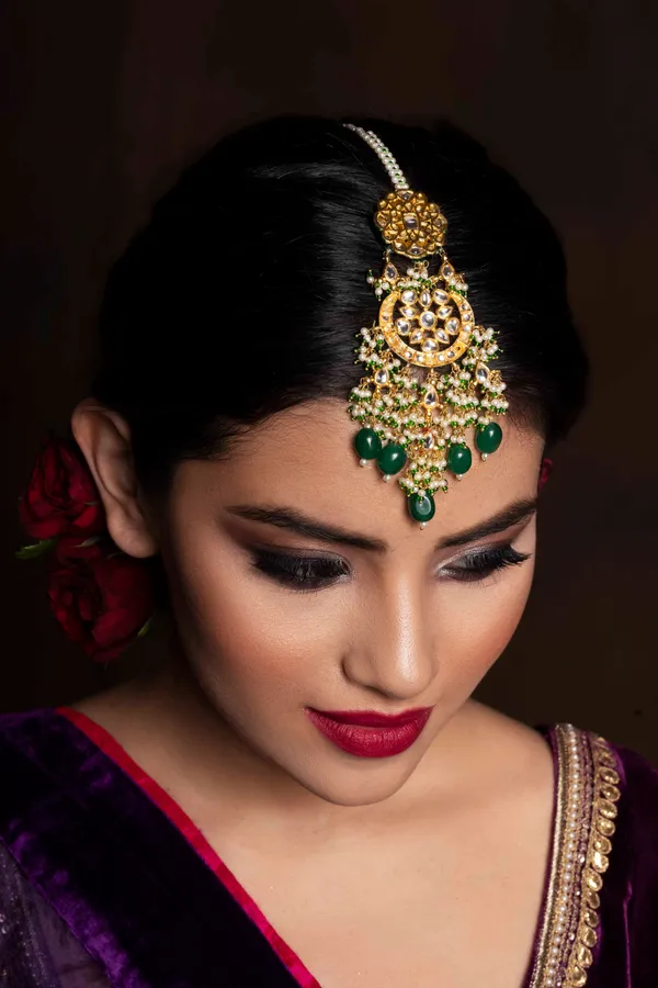 Green Pearl Pirohi Kundan Maang Tikka