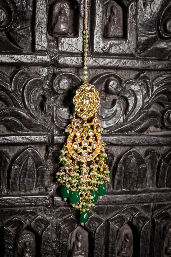 Green Pearl Pirohi Kundan Maang Tikka