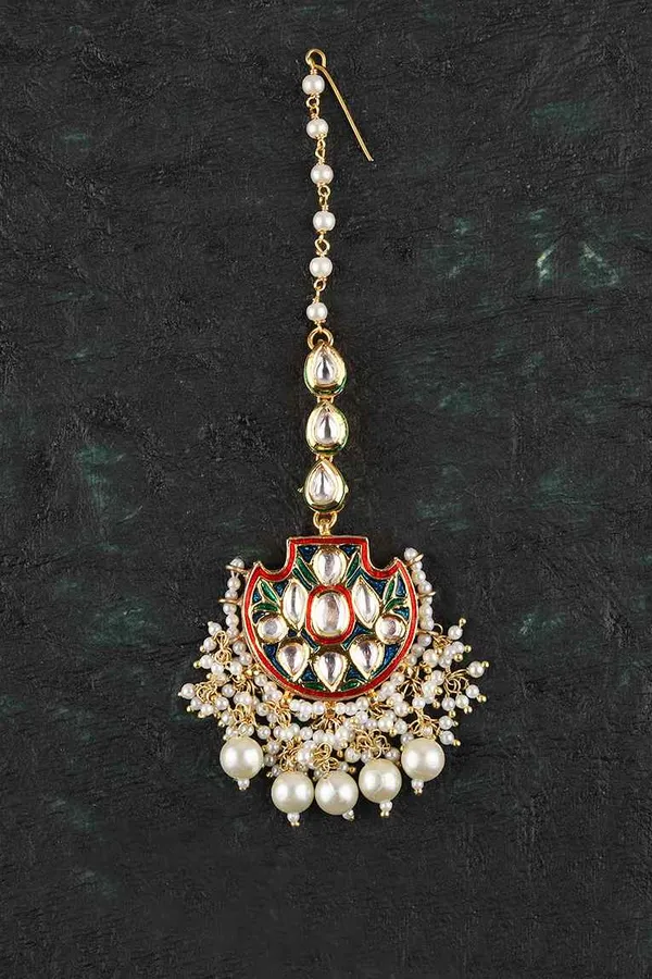 Red Meenakari with Pearls Kundan Maang Tikka