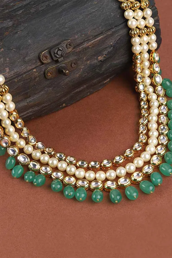 Three Line Kundan Pearls Emeraldss Necklace
