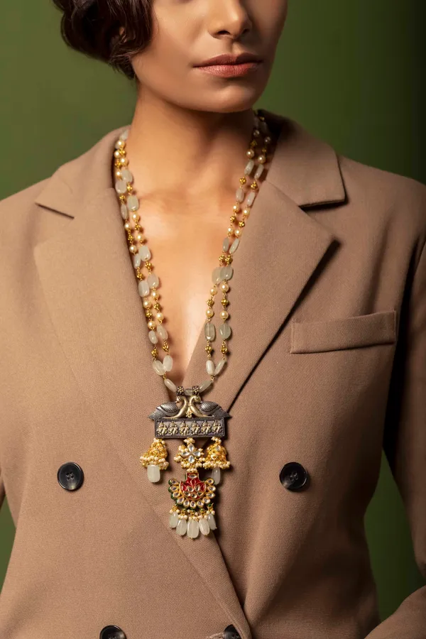 Green & Maroon Meenakari with Peacock Motif Kundan Necklace