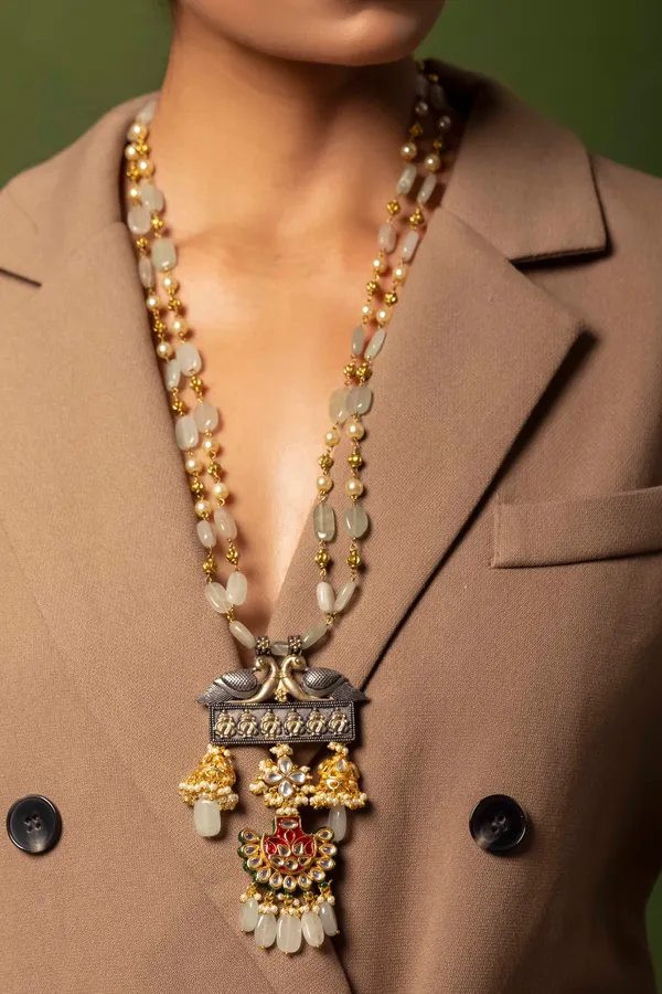 Green & Maroon Meenakari with Peacock Motif Kundan Necklace
