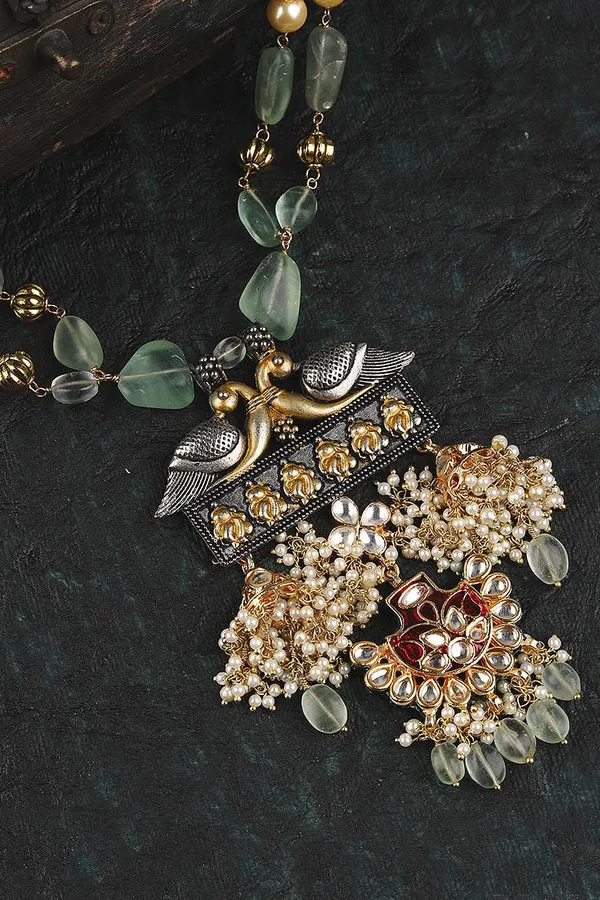 Green & Maroon Meenakari with Peacock Motif Kundan Necklace