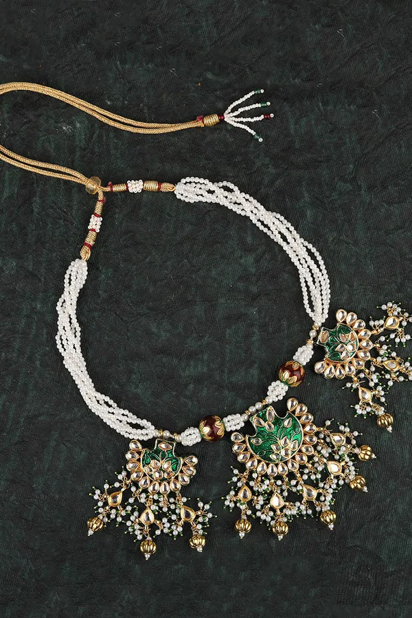 Green Meenakari & Pearls Kundan Necklace