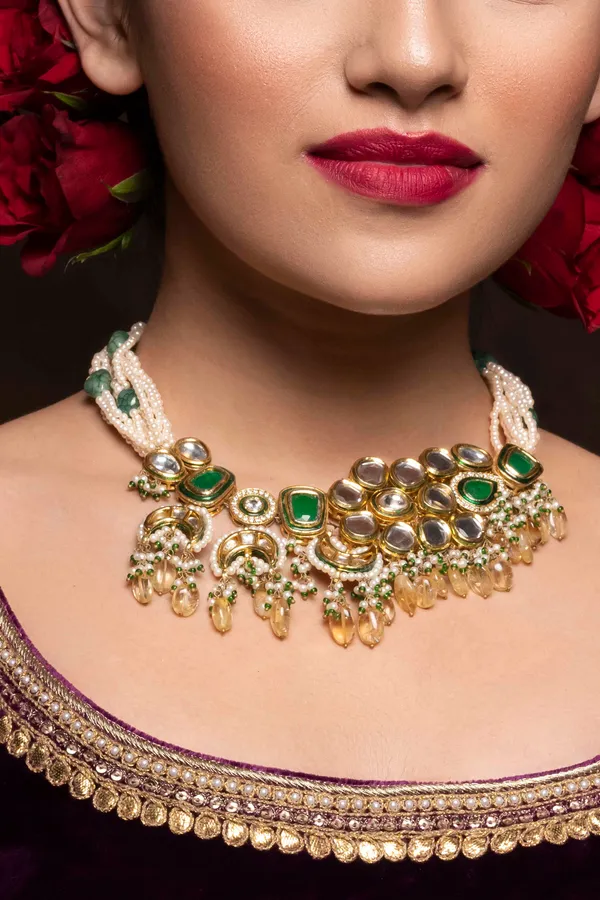 Green & Yellow Pearls Kundan Choker Necklace