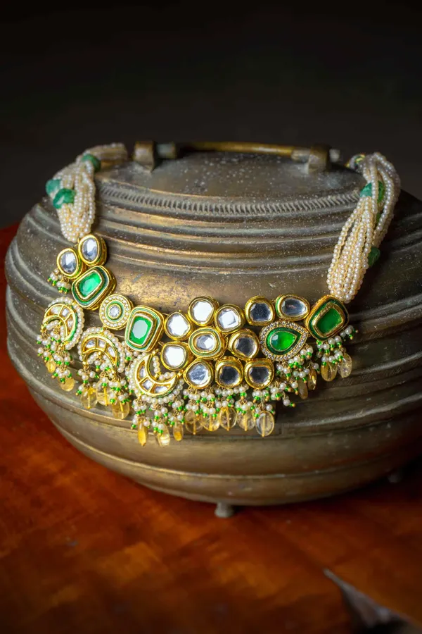 Green & Yellow Pearls Kundan Choker Necklace