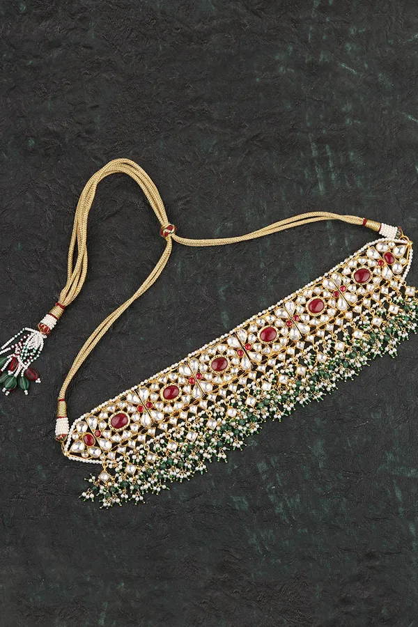 Red & Green Pearls Kundan Jadai Choker Necklace