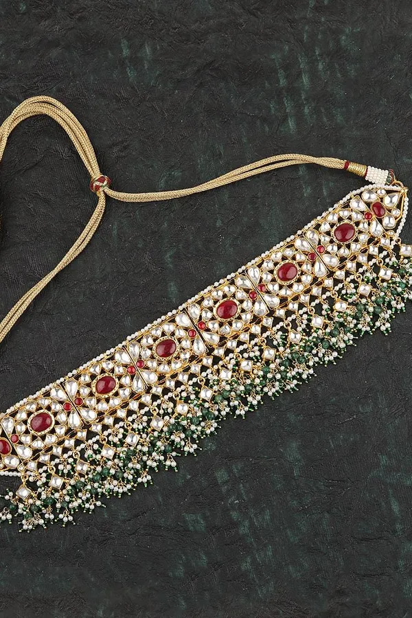 Red & Green Pearls Kundan Jadai Choker Necklace