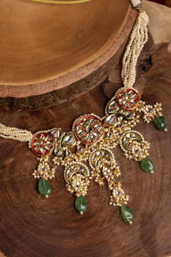 Red Rounds Pearls Green Jade Kundan Choker