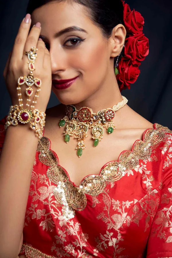 Red Rounds Pearls Green Jade Kundan Choker