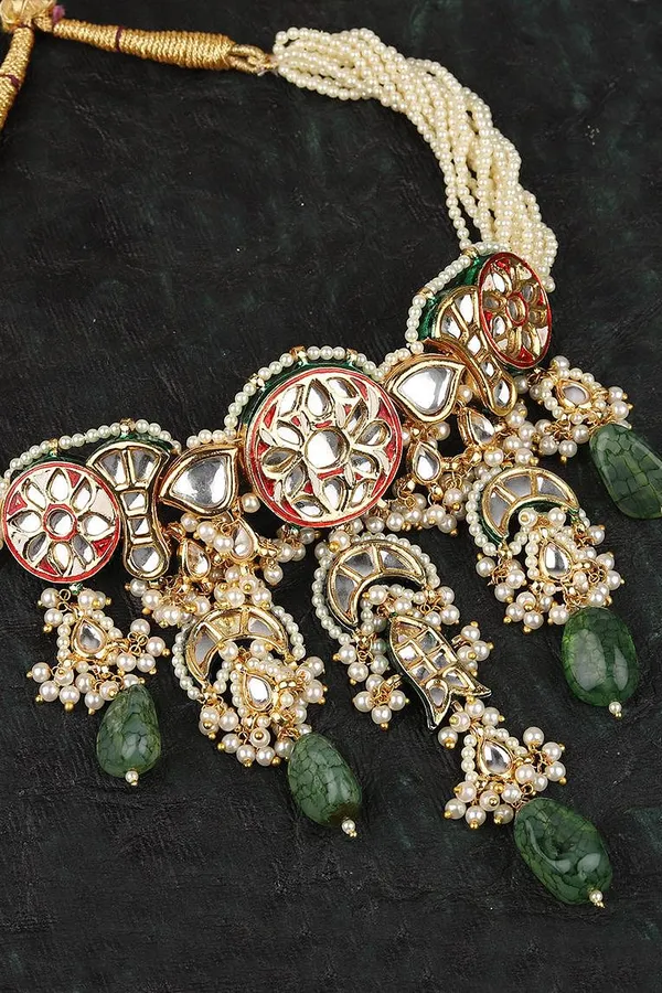 Red Rounds Pearls Green Jade Kundan Choker